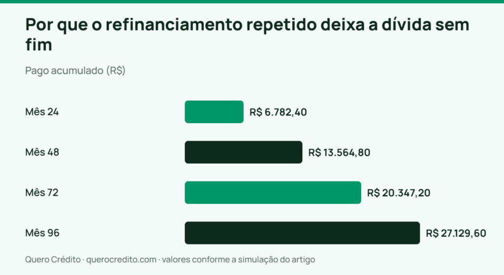 Gráfico de barras: Pago acumulado — Por que o refinanciamento repetido deixa a dívida sem fim